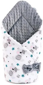 NEW BABY Obojstranná Zavinovačka z Minky New Baby 75x75 cm teddy sivá modré hviezdičky tyrkysové