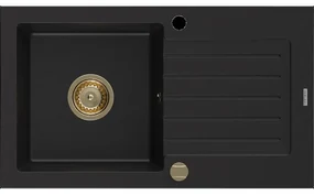 Mexen Pablo granitový jednokomorový drez s odkvapkávačom 752 x 436 mm, Čierna, Sifón Zlatá - 6510751010-77-G