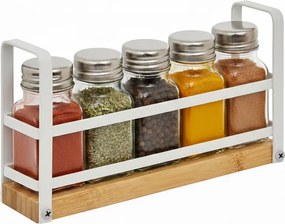 5Five® Sada 5 ks hranatých koreničiek v praktickom stojane BALM, biely kov, drevo, 21,8 x 5,2 x 12,6 cm