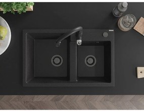 Mexen Tomas, granitový drez 800x500x190 mm, 2-komorový a drezová batéria Savita, čierna-strieborná metalíza, 6516-73-672601-70-B