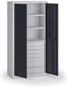 Policová dielenská skriňa 2-dverová, 3 police + 7 zásuviek, 1950 × 950 × 500 mm, grafitové dvere