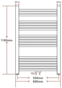 Rebríkový radiátor na centrálne vykurovanie, zaoblený, s bočným a stredovým pripojením 600 x 1160 mm-