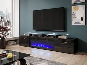 TV skrinka Kebuta EF s krbom, Osvetlenie: osvetlenie LED biele, Farby: čierny / čierny lesk