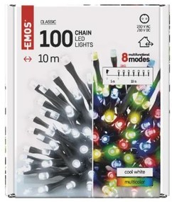 EMOS LED vonkajšia vianočná multifunkčná reťaz CLASSIC 2V1, 100xLED, 10m, studená biela/viacfarebné svetl