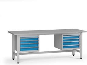 Výškovo nastaviteľný dielenský stôl G5, 2100 x 750 x 800-1000 mm, 2x kontajner, 8 zásuviek, modrá