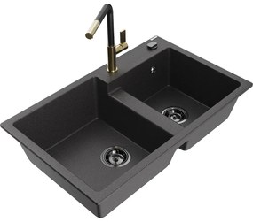 Mexen Tomas, 2-komorový granitový drez 800x500x190 mm a drezová batéria Flora, čierna škvrnitá, 6516-76-670401-57-B