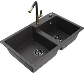Mexen Tomas, 2-komorový granitový drez 800x500x190 mm a drezová batéria Flora, čierna škvrnitá, 6516-76-670401-57-B