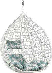 Biele závesné kreslo KOKON bez stojanu, zeleno-biely vankúš