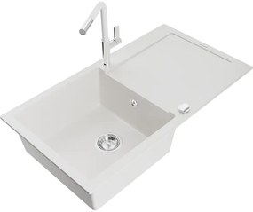 Mexen Leo, 1-komorový granitový drez 900x500x190 mm a drezová batéria Flora, biela, 6501-20-670401-02