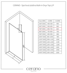 CERANO - Sprchová zástena Walk-in Onyx Top L/P - guľatá vzpera - biela matná, grafitové sklo - 70x200 cm, CER-CER-8050BD1442