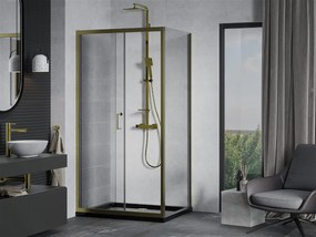 Mexen Apia sprchovací kút s posuvnými dverami 120 (dvere) x 90 (stena) cm, 5mm číre sklo, zlatý profil + čierna sprchová vanička SLIM, 840-120-090-50-00-4070G