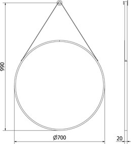 Mexen String, okrúhle kúpeľňové zrkadlo na pásiku 70 cm, farba rámu čierna matná, 9854-070-070-000-70