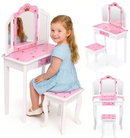 Detský kozmetický stolík s trojitým zrkadlom a taburetkou