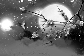 Tapeta čiernobiela kresba konára s kvetmi pri splne mesiaca