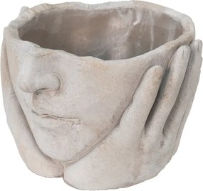 Béžovo-šedý cementový kvetináč ruky podopierajúce tvár - 18*18*13 cm