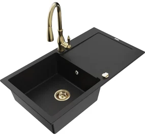 Mexen Leo, 1-komorový granitový drez 900x500x190 mm a drezová batéria Savita, čierna, 6501-77-672601-50