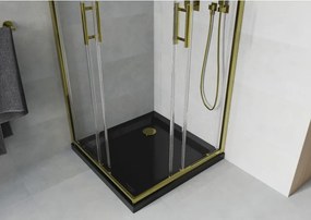 Mexen Rio, štvorcový sprchovací kút s posuvnými dverami 80(dvere) x 80(dvere) x 190 cm, 6mm číre sklo, zlatý profil + čierna sprchová vanička SLIM, 860-080-080-50-00-4070G