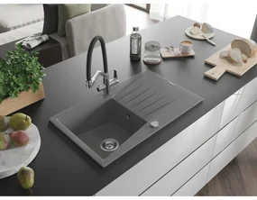 Mexen Cesar, 1-komorový granitový drez 775x470x190 mm a drezová batéria Duo, šedá, 6514-71-671701-07