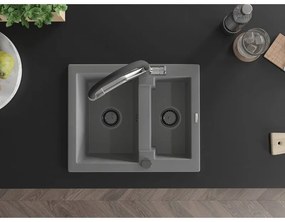Mexen Carlos, 1,5-komorový granitový drez 582x475x177 mm a drezová batéria Duo, šedá, 6518-71-671701-07-B