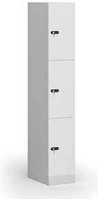 Šatníková skrinka s úložnými boxmi, 3 boxy, 1850 x 300 x 500 mm, demont, mechanický kódový zámok, laminované dvere, biela