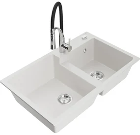 Mexen Tomas, 2-komorový granitový drez 800x500x190 mm a drezová batéria Aster, biela, 6516-20-73450-07