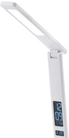 LED stolná lampa, bezdrôtové nabíjanie, voľba intenzity svetla, s displejom, hodiny, budík, teplomer, 4 W, biela