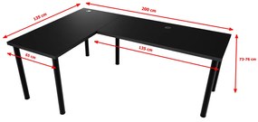 Počítačový rohový stôl N s LED, 200/135x73-76x65, biela/čierne nohy, pravý