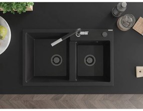 Mexen Tomas, 2-komorový granitový drez 800x500x190 mm a drezová batéria Flora, čierna, 6516-77-670401-07-B