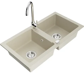 Mexen Mario, 2-komorový granitový drez 820x436x161 mm a chrómová drezová batéria Telma, béžová, 6504-69-670200-00