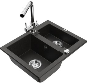Mexen Carlos, 1,5-komorový granitový drez 582x475x177 mm a drezová batéria Duero, čierna-zlatá metalíza, 6518-75-671600-00