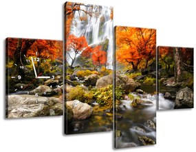Gario Obraz s hodinami Jesenný vodopád - 4 dielny Rozmery: 120 x 70 cm