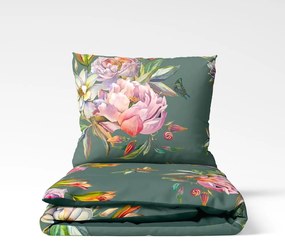 Tmavozelené obliečky na dvojlôžko z bavlneného saténu Bonami Selection Floret, 200 x 220 cm