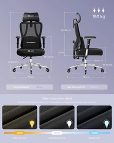 Ergonomická kancelárska stolička SONGMICS s nastaviteľnou bedrovou a hlavovou opierkou, max. Nosnosť 150 kg, čierna