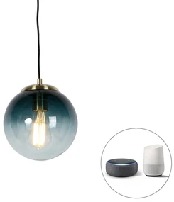 Inteligentné závesné svietidlo mosadz s oceánskym modrým sklom 20 cm vrátane Wifi ST64 - Pallon