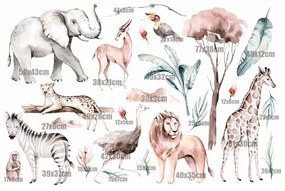 Gario Detská nálepka na stenu Savanna - slon, nosorožec, žirafa, lev a iné zvieratá