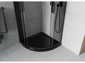 Mexen Rio, štvrťkruhový sprchovací kút s posuvnými dverami 90(dvere) x 90(dvere) x 190 cm, 6mm šedé sklo, čierny profil + čierna sprchová vanička Slim, 863-090-090-70-40-4170B