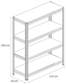 Kovový regál BULLRACK RIVET, 200x210x60 cm, 4x DTD polica, 600 kg na policu, zinok