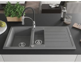 Mexen Andres, 1,5-komorový granitový drez 1000x500x200 mm a drezová batéria Aster, šedá, 6515-71-73450-07