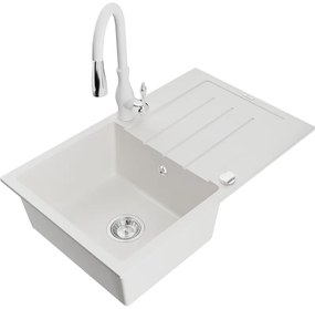 Mexen Bruno, 1-komorový granitový drez 795x495x200 mm a drezová batéria Savita, biela, 6513-20-672601-20