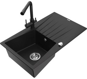 Mexen Cesar, granitový drez 775x470x190 mm, 1-komorový a čierna matná batéria Duero, čierna, 6514-77-671600-70