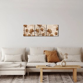 Obraz abstraktných kvetín - hnedá (s hodinami) (90x30 cm)