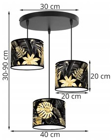 Závesné svietidlo Gold Flowers, 3x čierne textilné tienidlo s kvetinovým vzorom, o