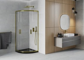Mexen Rio, štvrťkruhový sprchovací kút s posuvnými dverami 80(dvere) x 80(dvere) x 190 cm, 6mm číre sklo, zlatý profil + čierna sprchová vanička SLIM, 863-080-080-50-00-4170G