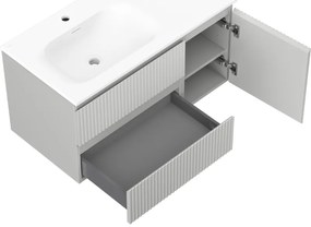 Mexen Rivel, kúpeľňová skrinka 90 cm s umývadlom Vela na ľavej strane, 2S, 1D, drážkovaná, sivá matná/biela matná - 91A23-09047-3-BBFFF62-W23L01