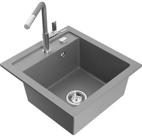 Mexen Vito, 1-komorový granitový drez 490x520x210 mm a drezová batéria Flora, šedá, 6503-71-670401-06