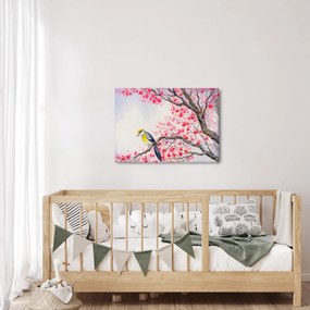 Obraz - Vtáčik na strome s červenými kvetmi (70x50 cm)