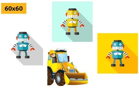 Set obrazov roboti so žltým autom