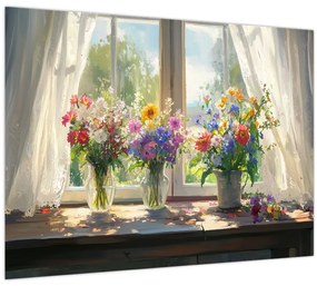 Sklenený obraz - Kytica pri okne (70x50 cm)