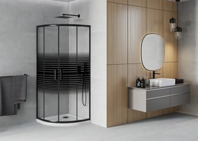 Mexen Rio, štvrťkruhový sprchovací kút s posuvnými dverami 90(dvere) x 90(dvere) x 190 cm, 6mm číre sklo s pásikmi, čierny profil + biela sprchová vanička Slim, 863-090-090-70-20-4110B