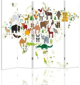 Ozdobný paraván, Mapa světa se zvířaty - 180x170 cm, päťdielny, obojstranný paraván 360°